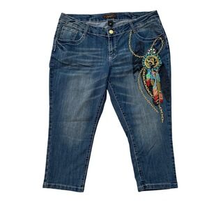 South Pole Embellished Capri Jeans Rhinestone Feather Design Womens Size 20